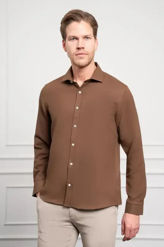 Modazone Erkek KAHVE Trend İtalyan Yaka Slim Fit Dar Kesim Gömlek - MORVEN
