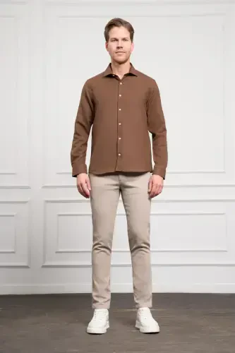 Modazone Erkek KAHVE Trend İtalyan Yaka Slim Fit Dar Kesim Gömlek - MORVEN (1)