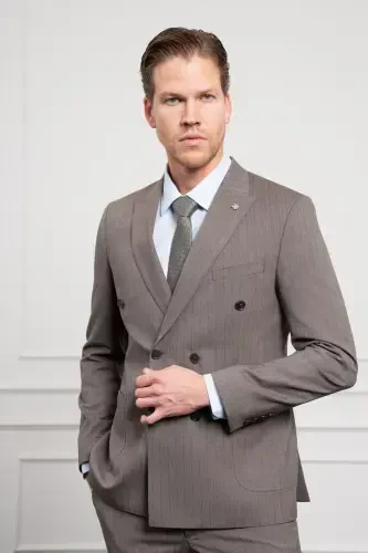 Morven Erkek KAHVE Trend Slim Fit Sivri Yaka Kruvaze Takım Elbise - 4