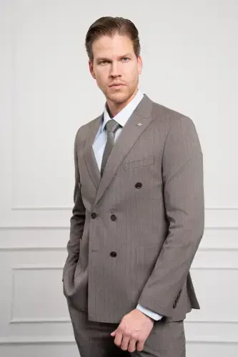 Morven Erkek KAHVE Trend Slim Fit Sivri Yaka Kruvaze Takım Elbise - 5