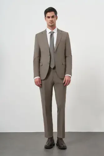 Morven Erkek KAHVE Yün Slim Fit Mono Yaka Takım Elbise - 4