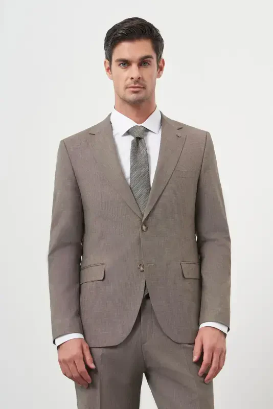 Modazone Erkek KAHVE Yün Slim Fit Mono Yaka Takım Elbise - MORVEN