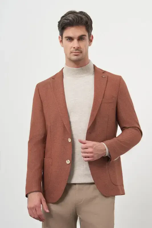 Morven Erkek Kiremit Dokuma Slim Fit Mono Yaka Ceket - 3