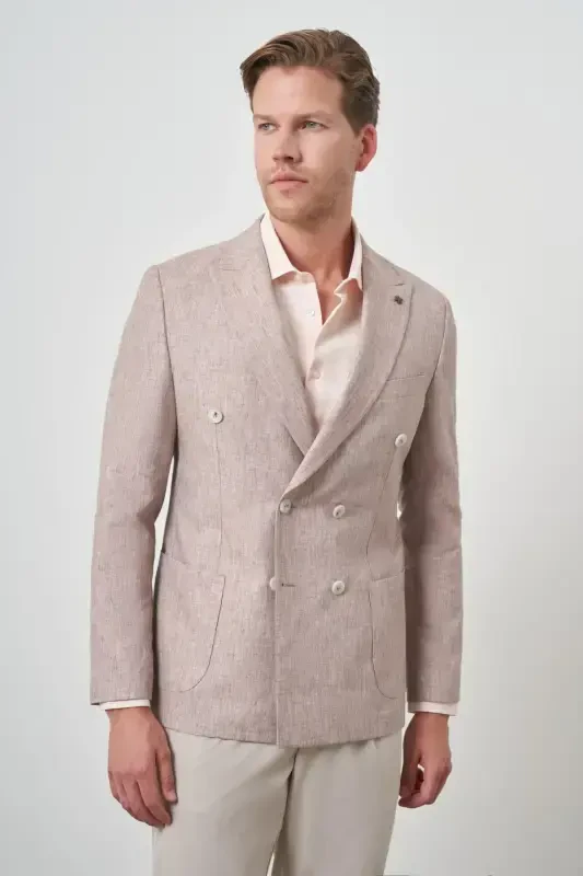 Morven Erkek Kiremit Keten Kruvaze Desenli Slim Fit Sivri Yaka Ceket - 1