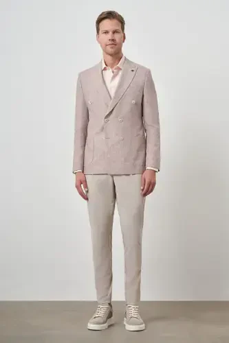 Morven Erkek Kiremit Keten Kruvaze Desenli Slim Fit Sivri Yaka Ceket - MORVEN (1)