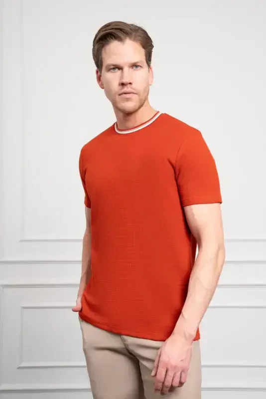 Morven Erkek Kiremit Trend Bisiklet Yaka Dinamik Fit T-Shirt - 3