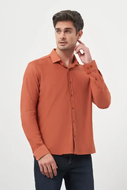 Morven Erkek Kiremit Trend Slim Fit İtalyan Yaka Gömlek - 2