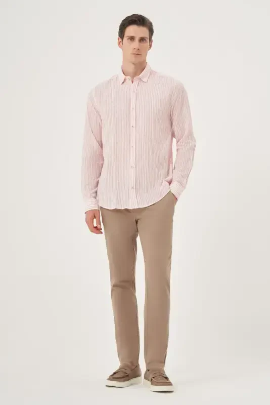 Morven Erkek Kırmızı Keten Trend Dynamic Fit Britli Yaka Gömlek - 3