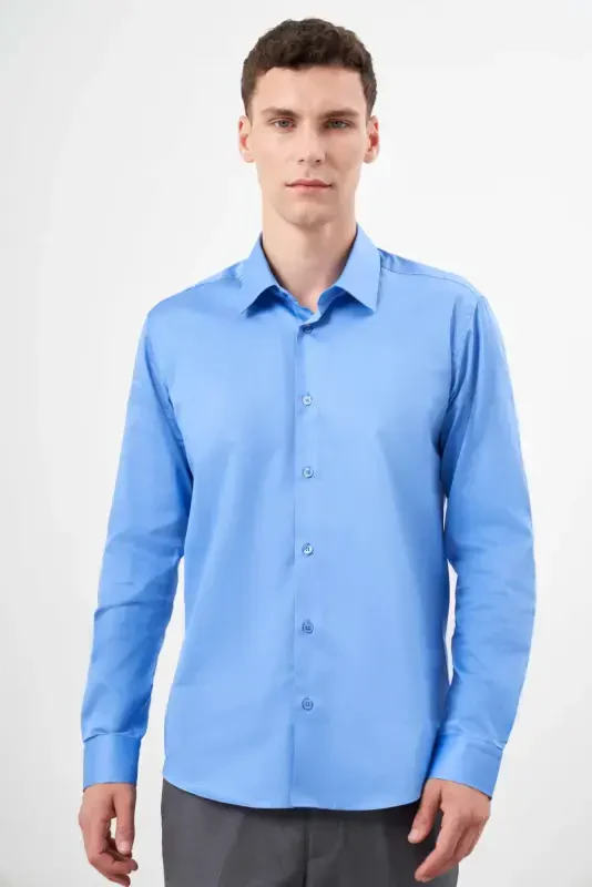 Morven Erkek Koyu Mavi Pamuk Düz Desen Sert Yaka Slim Fit Gömlek - 1