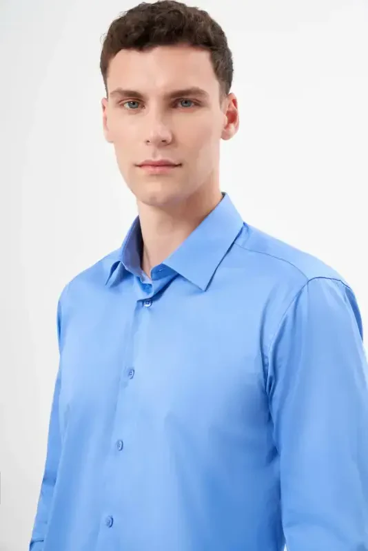 Morven Erkek Koyu Mavi Pamuk Düz Desen Sert Yaka Slim Fit Gömlek - 3