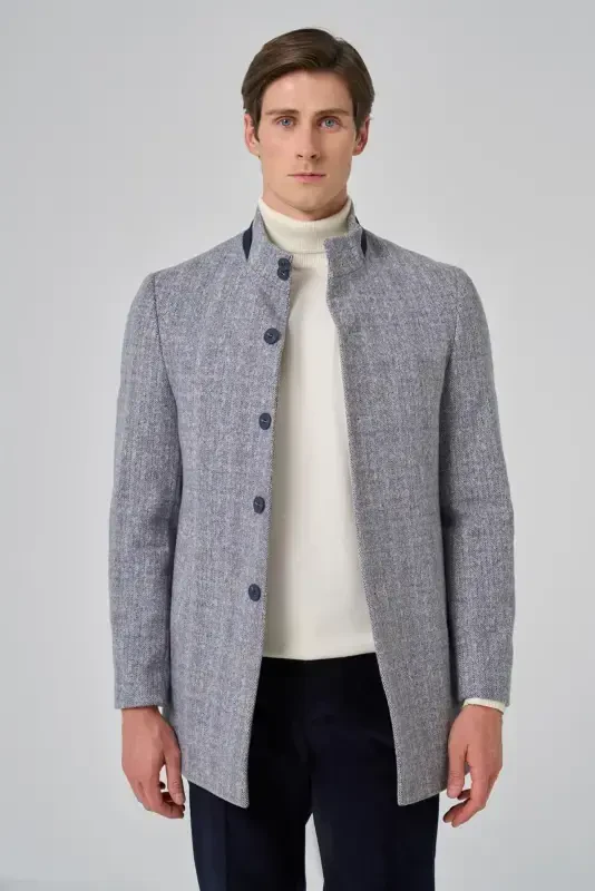 Morven Erkek Lacivert Balık Sırtı Desen Hakim Yaka Dynamic Fit Kaban - 3