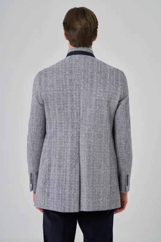 Morven Erkek Lacivert Balık Sırtı Desen Hakim Yaka Dynamic Fit Kaban - 4