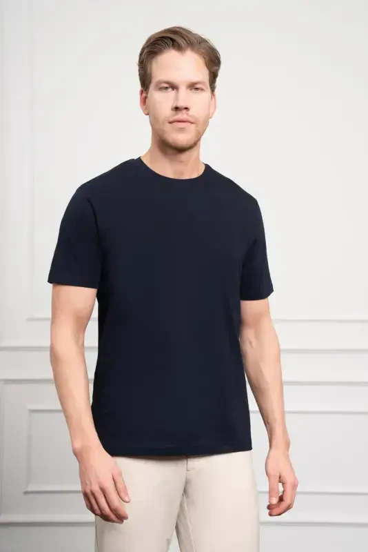 Morven Erkek Lacivert Basic Bisiklet Yaka Dynamic Fit Pamuk T-Shirt - 1
