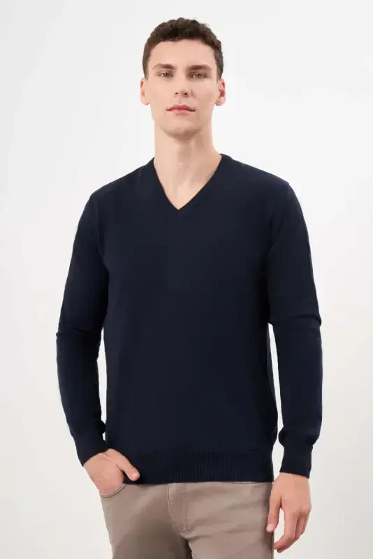 Morven Erkek Lacivert Basic V Yaka Dynamic Fit Rahat Kesim Triko - 2