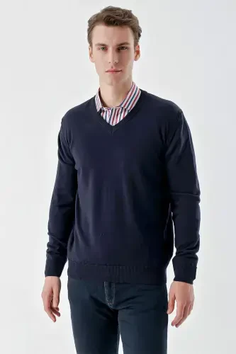 Morven Erkek Lacivert Basic V Yaka Dynamic Fit Rahat Kesim Triko - MORVEN (1)