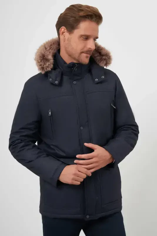 Morven Erkek Lacivert Çıtçıtlı Kapüşonlu Dynamic Fit Rahat Kesim Mont - 1