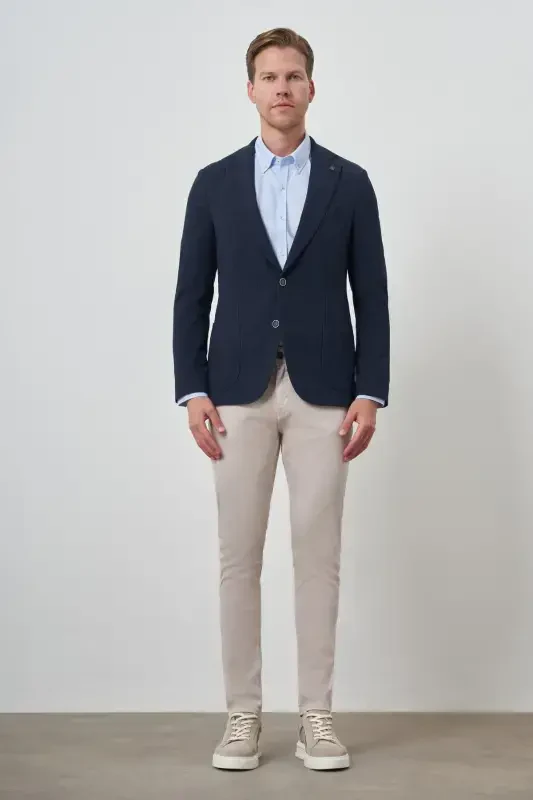 Morven Erkek Lacivert Dokuma Slim Fit Mono Yaka Ceket - 2