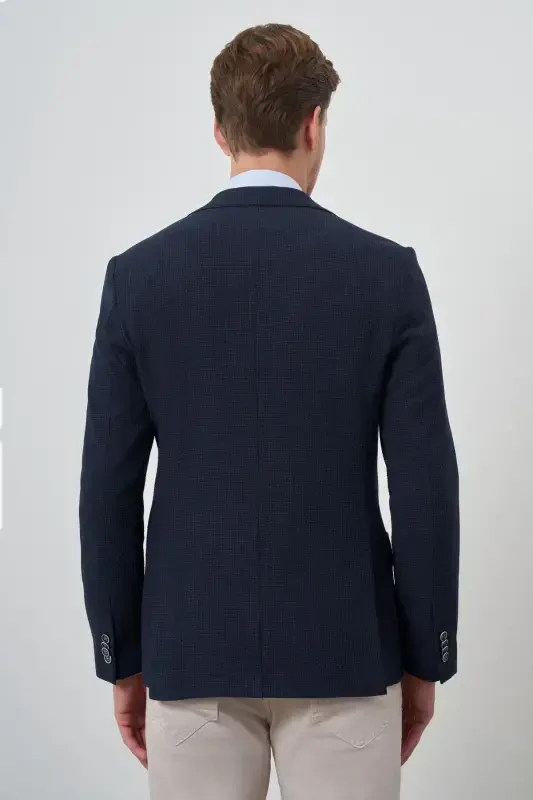 Morven Erkek Lacivert Dokuma Slim Fit Mono Yaka Ceket - 5