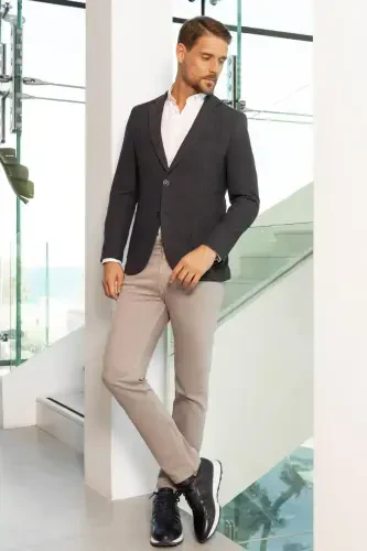 Morven Erkek Lacivert Dokuma Slim Fit Mono Yaka Ceket - 4