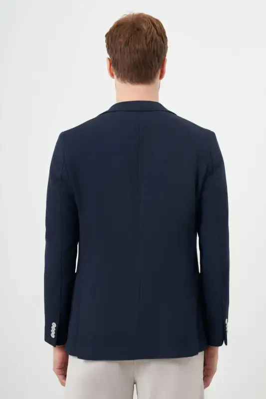 Morven Erkek Lacivert Dokuma Slim Fit Torba Cep Mono Yaka Spor Ceket - 5