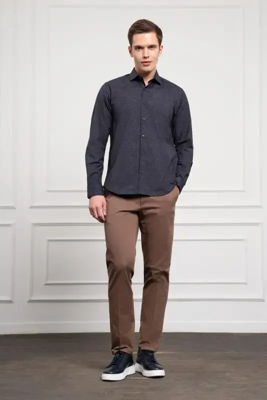 Morven Erkek Lacivert - Kahve Trend Dynamic Fit İtalyan Yaka Gömlek - 2