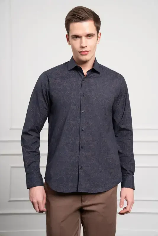 Morven Erkek Lacivert - Kahve Trend Dynamic Fit İtalyan Yaka Gömlek - 4