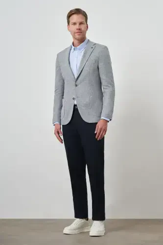 Morven Erkek Lacivert Keten Dokuma Slim Fit Mono Yaka Ceket - MORVEN (1)