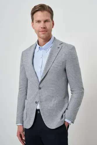 Morven Erkek Lacivert Keten Dokuma Slim Fit Mono Yaka Ceket - 3