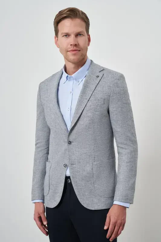 Morven Erkek Lacivert Keten Dokuma Slim Fit Mono Yaka Ceket - 4