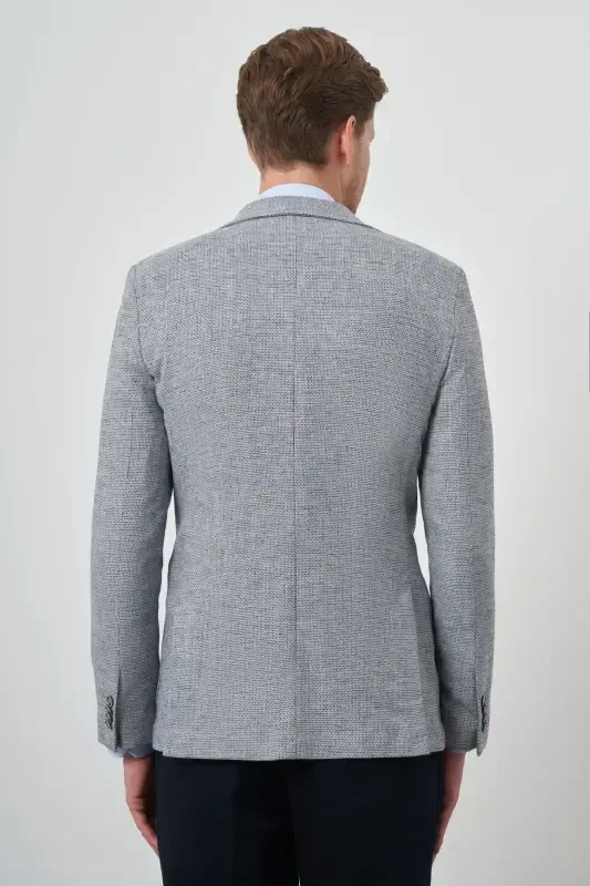 Morven Erkek Lacivert Keten Dokuma Slim Fit Mono Yaka Ceket - 5