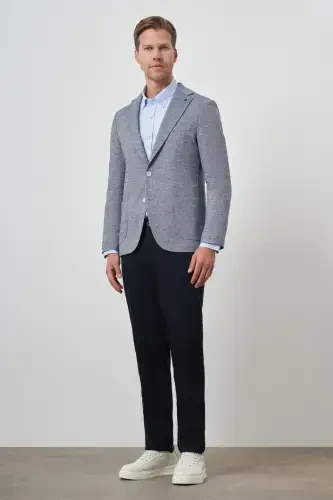 Morven Erkek Lacivert Keten Dokuma Slim Fit Mono Yaka Ceket - MORVEN (1)