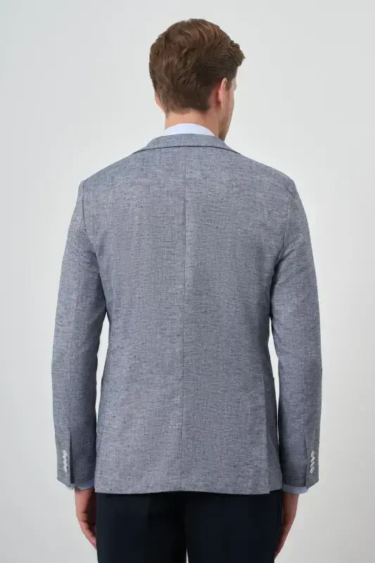 Morven Erkek Lacivert Keten Dokuma Slim Fit Mono Yaka Ceket - 4