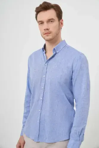 Morven Erkek Lacivert Keten Düz Desen Düğmeli Yaka Slim Fit Gömlek - MORVEN (1)