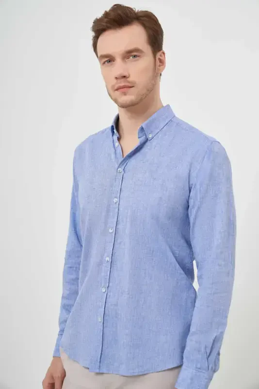 Morven Erkek Lacivert Keten Düz Desen Düğmeli Yaka Slim Fit Gömlek - 2