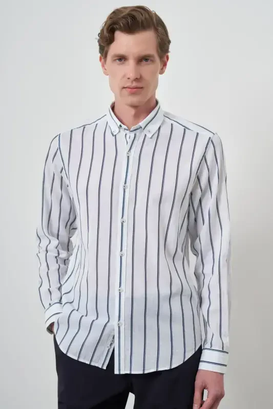 Morven Erkek Lacivert Keten Dynamic Fit Düğmeli Yaka Gömlek - 1