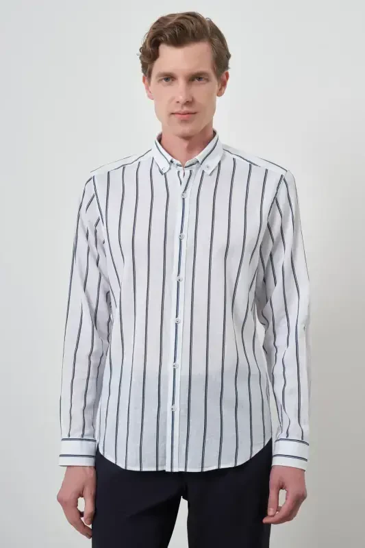 Morven Erkek Lacivert Keten Dynamic Fit Düğmeli Yaka Gömlek - 3