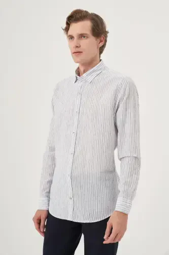 Morven Erkek Lacivert Keten Trend Dynamic Fit Britli Yaka Gömlek - 3