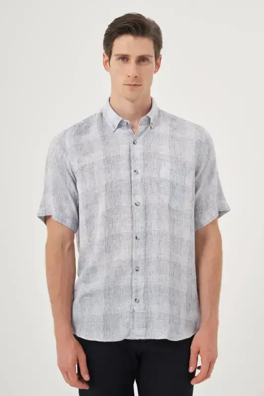 Morven Erkek Lacivert Keten Trend Regular Fit Düğmeli Yaka Kısa Kol Gömlek - 1