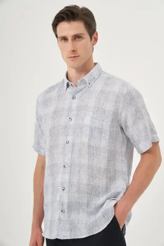 Morven Erkek Lacivert Keten Trend Regular Fit Düğmeli Yaka Kısa Kol Gömlek - 2