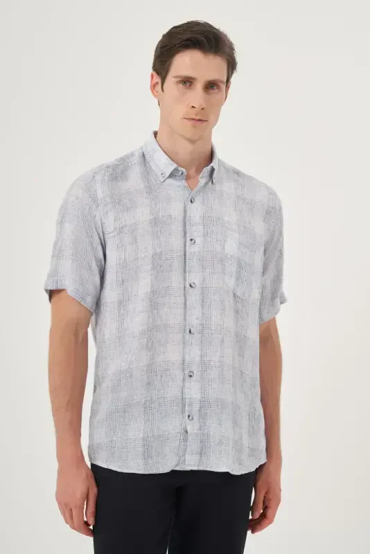 Morven Erkek Lacivert Keten Trend Regular Fit Düğmeli Yaka Kısa Kol Gömlek - 3