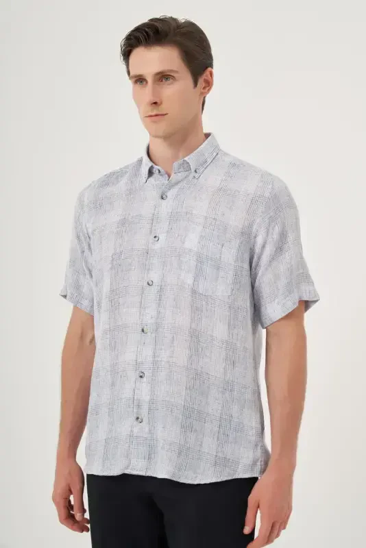 Morven Erkek Lacivert Keten Trend Regular Fit Düğmeli Yaka Kısa Kol Gömlek - 4