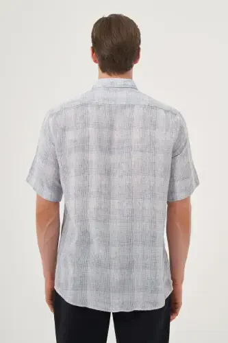 Morven Erkek Lacivert Keten Trend Regular Fit Düğmeli Yaka Kısa Kol Gömlek - 5