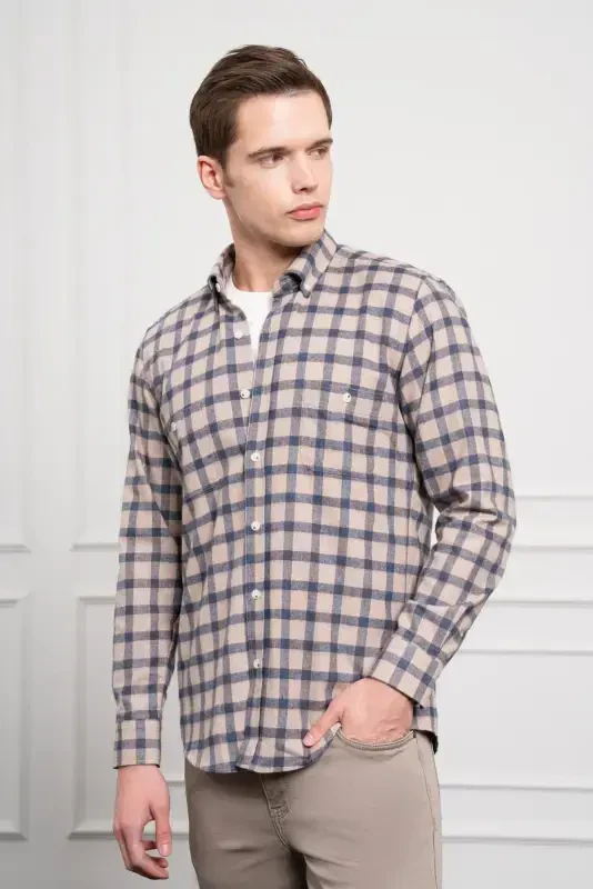 Modazone Erkek Lacivert Kışlık Düğmeli Yaka Regular Fit Gömlek - 1