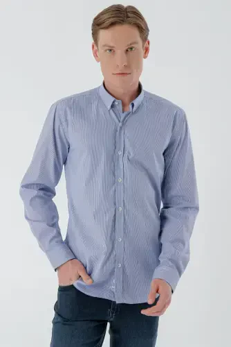 Morven Erkek Lacivert Pamuk Çizgili Düğmeli Yaka Slim Fit Gömlek - MORVEN (1)