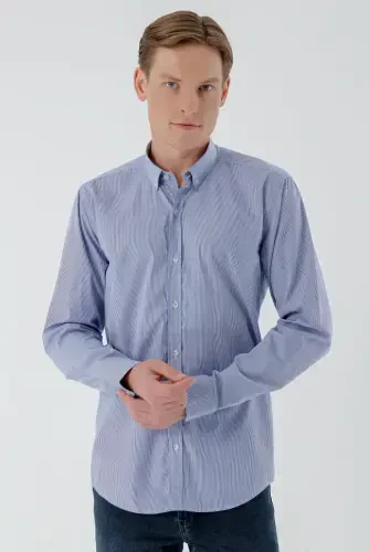 Morven Erkek Lacivert Pamuk Çizgili Düğmeli Yaka Slim Fit Gömlek - MORVEN (1)