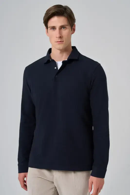 Morven Erkek Lacivert Pamuk Trend Ağaç Kabuğu Desen Dinamik Fit Polo Yaka Sweat-Shirt - 3