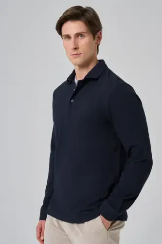 Morven Erkek Lacivert Pamuk Trend Ağaç Kabuğu Desen Dinamik Fit Polo Yaka Sweat-Shirt - 4