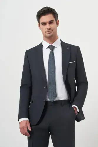 Morven Erkek Lacivert Poliviskon Basic Jakar Desen Slim Fit Sivri Yaka Takım Elbise - 2