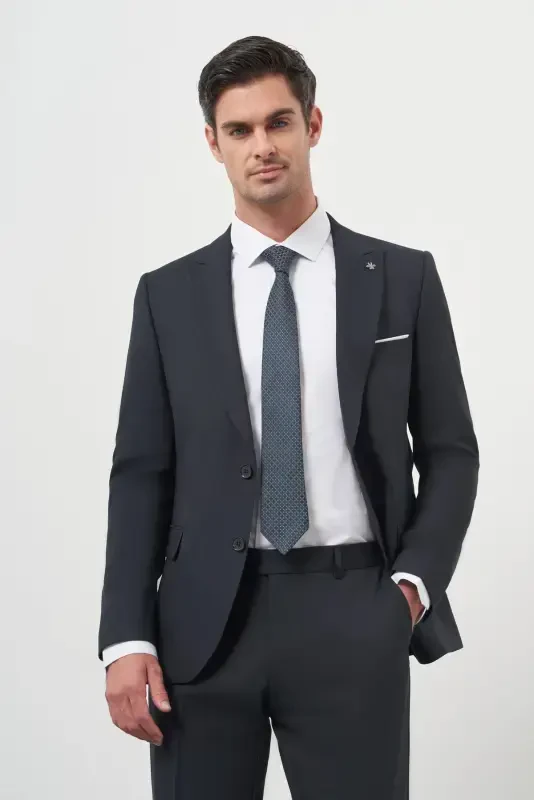 Morven Erkek Lacivert Poliviskon Basic Jakar Desen Slim Fit Sivri Yaka Takım Elbise - 2