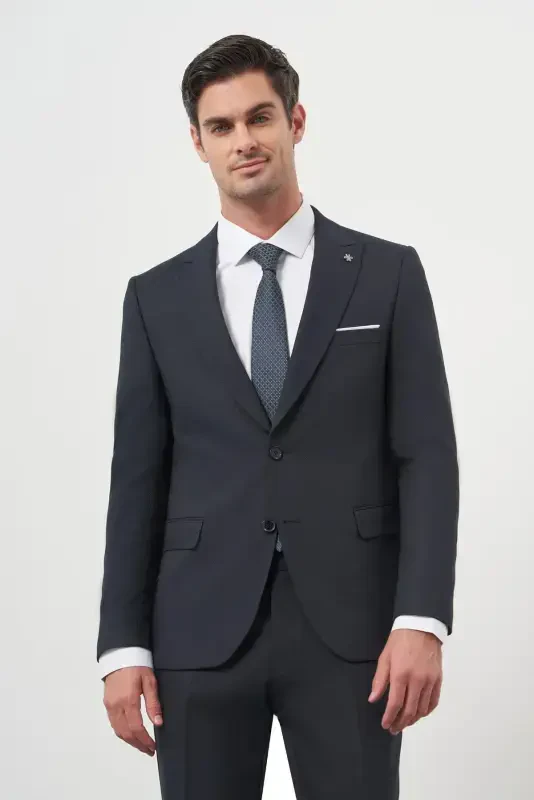 Morven Erkek Lacivert Poliviskon Basic Jakar Desen Slim Fit Sivri Yaka Takım Elbise - 3